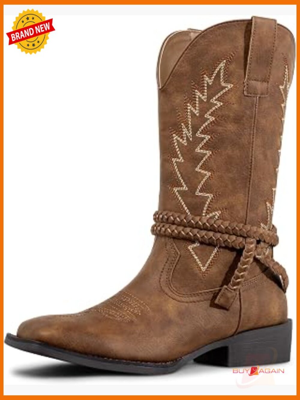 Vegan Leather Square Toe Cowboy Boots Wide Calf Western Boots Vintage